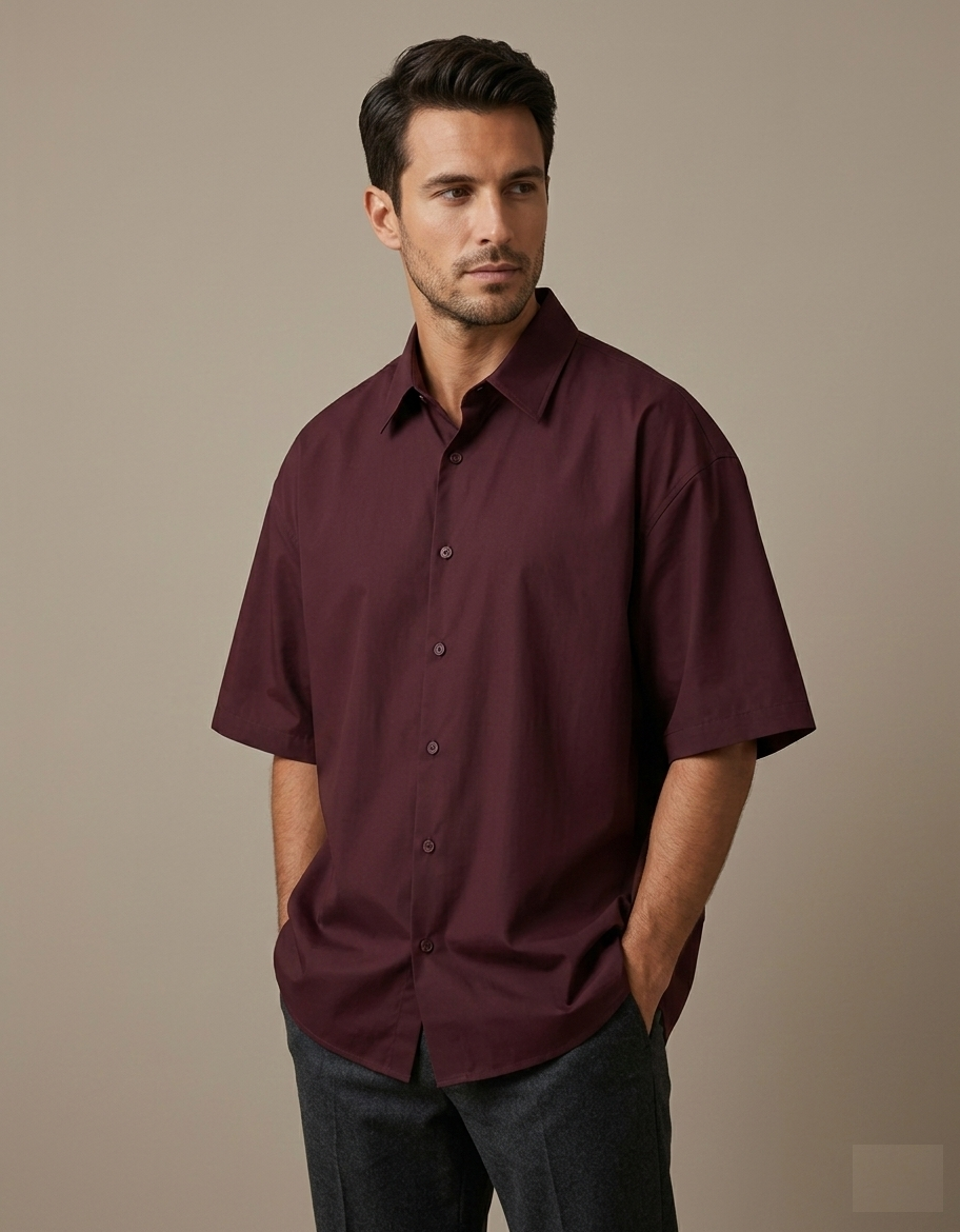 TurtlePanda Modern Aristocrat Oversized Unisex Shirt in Burgundy – oversized half sleeve, side view"