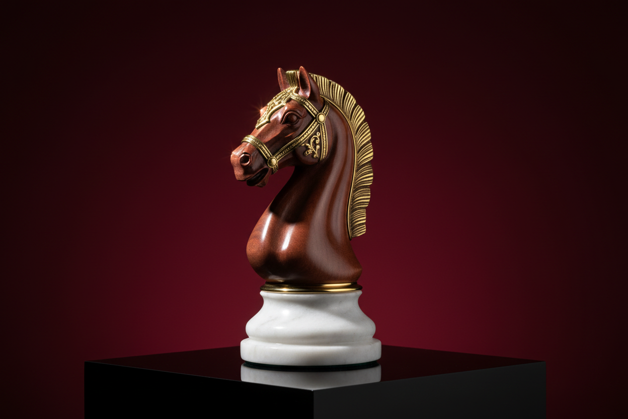 create a chess horse in luxury high defenition image use background colour code #74070eff