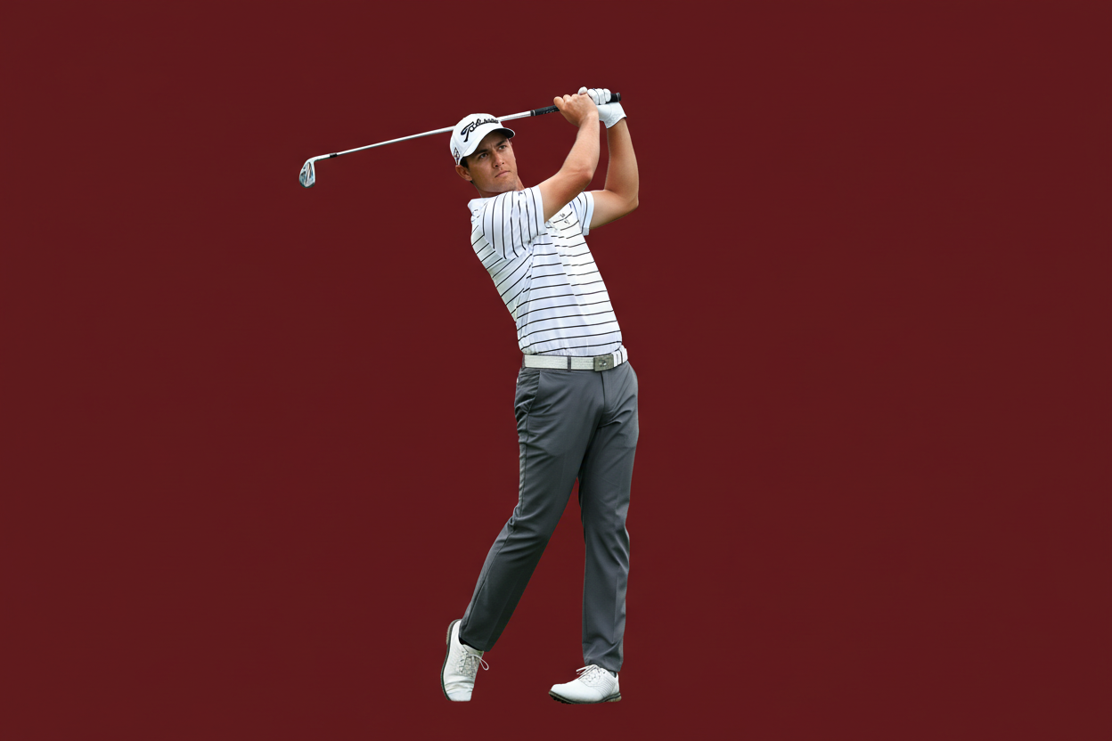 create a golf player men with backgroud color code #74070E