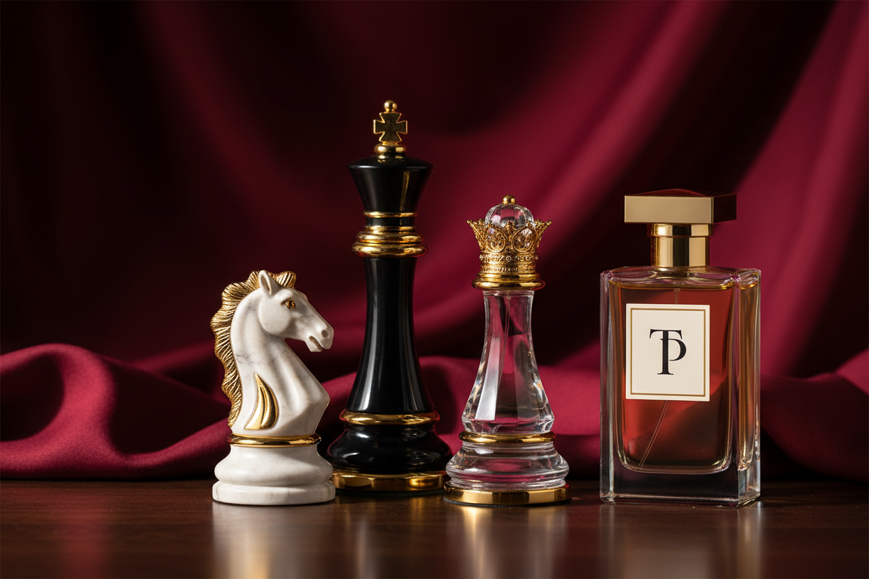 create image of chess shows horse king and queen with luxury style with luxury perfume with Label of TP. background color #74070E